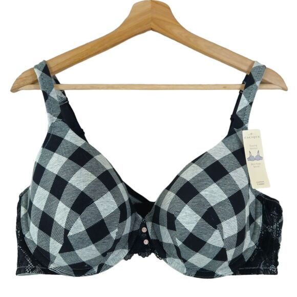 Lane Bryant Cacique Black and Gray Plaid Tshirt Comfort Bra 44C NWT - Picture 1 of 7